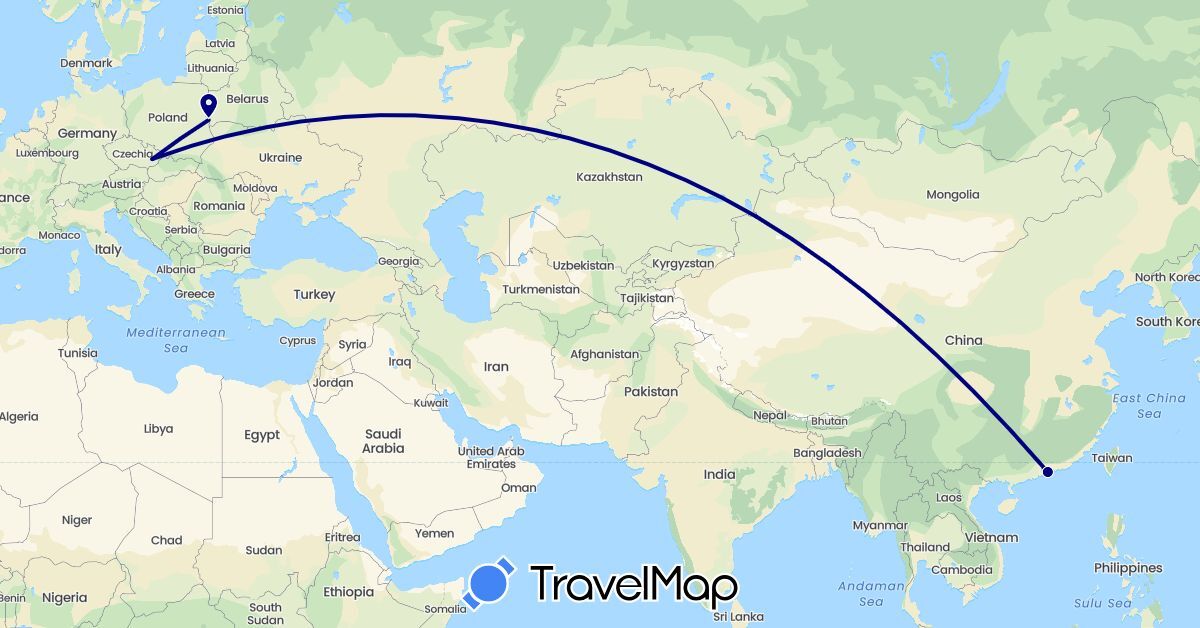 TravelMap itinerary: driving in China, Czech Republic, Poland (Asia, Europe)